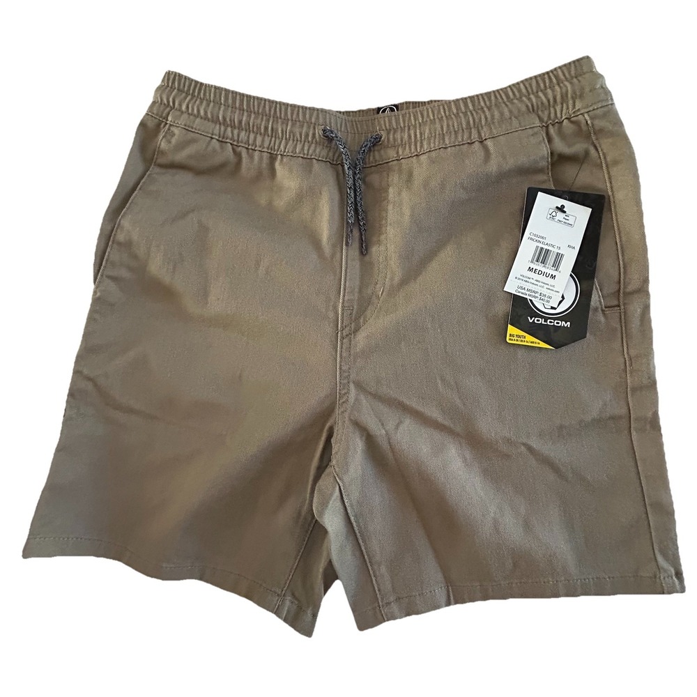 Volcom Frickin Elastic 15 Shorts Boys Medium 10 Khaki Tan Chino Drawstring NEW